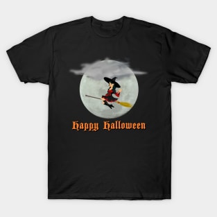 Pretty Witch on a Broomstick Flying Across the Moon Happy Halloween T-Shirt